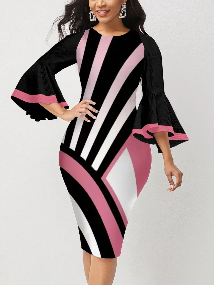 

Fashion Geometric Printed Round Neck Flared Sleeve Women's Dress