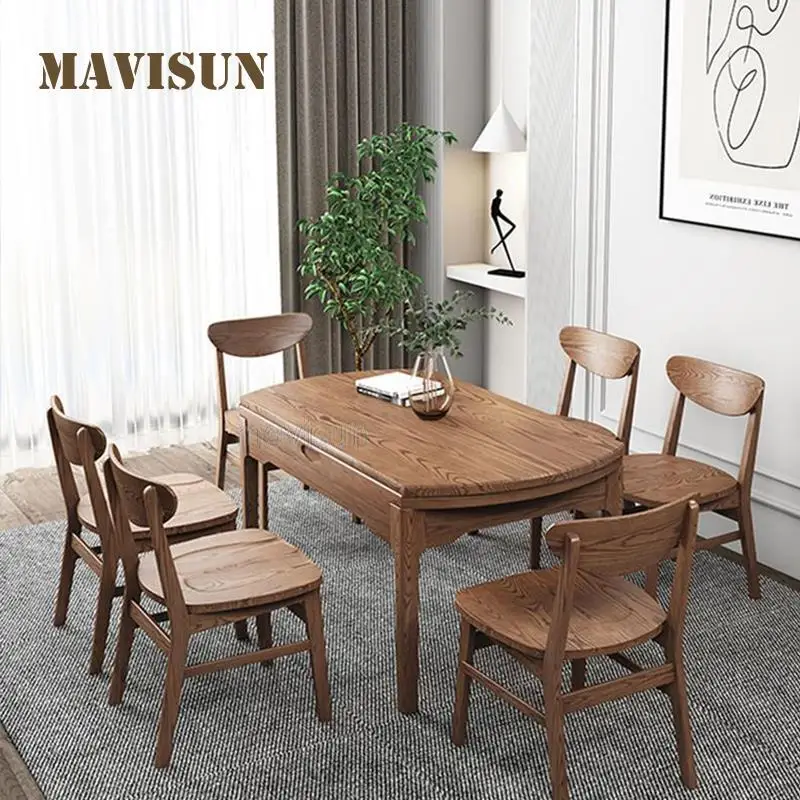 

Solid Wood Round Dining Table Set Multifunctional Northern Europe Folding Telescopic Small Household Nordic Kitchen Furniture