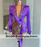 sexy purple short prom dresses 2022 crystal rhinestone appliques celebrity gowns long sleeves vestidos largos robe de bal