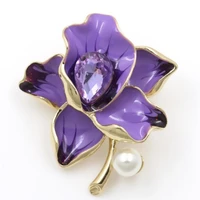 elegant purple enamel flower brooch for women fashion lapel pin banquet jewelry with imitation pearl teardrop crystal