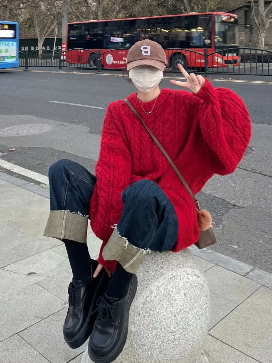 Idle Sle Korean Red Twist Knit sweater Women Autumn New High-Grade round Neck Loose All-Match Sweater Fashion