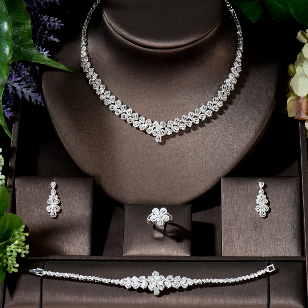 Fashion Luxury Women Elegant Shape Bridal CZ Necklace Earrings Bracelet Ring 4pcs Big Wedding Jewelry Sets For Bride N-772