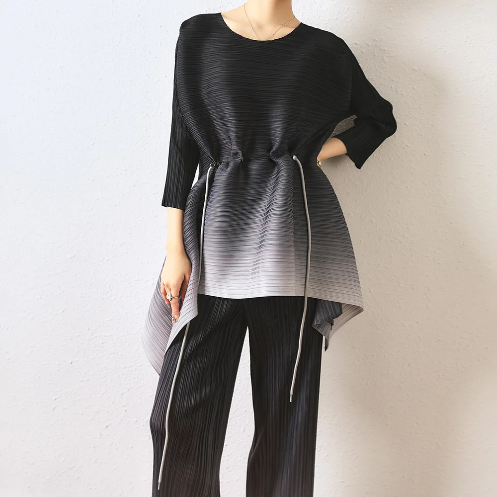 

2022 New Spring Summer Fashion Women Pleated Two Pieces Suit Vintage Gradient Irregular Pullover Tops + Elastic Wide Leg Pants