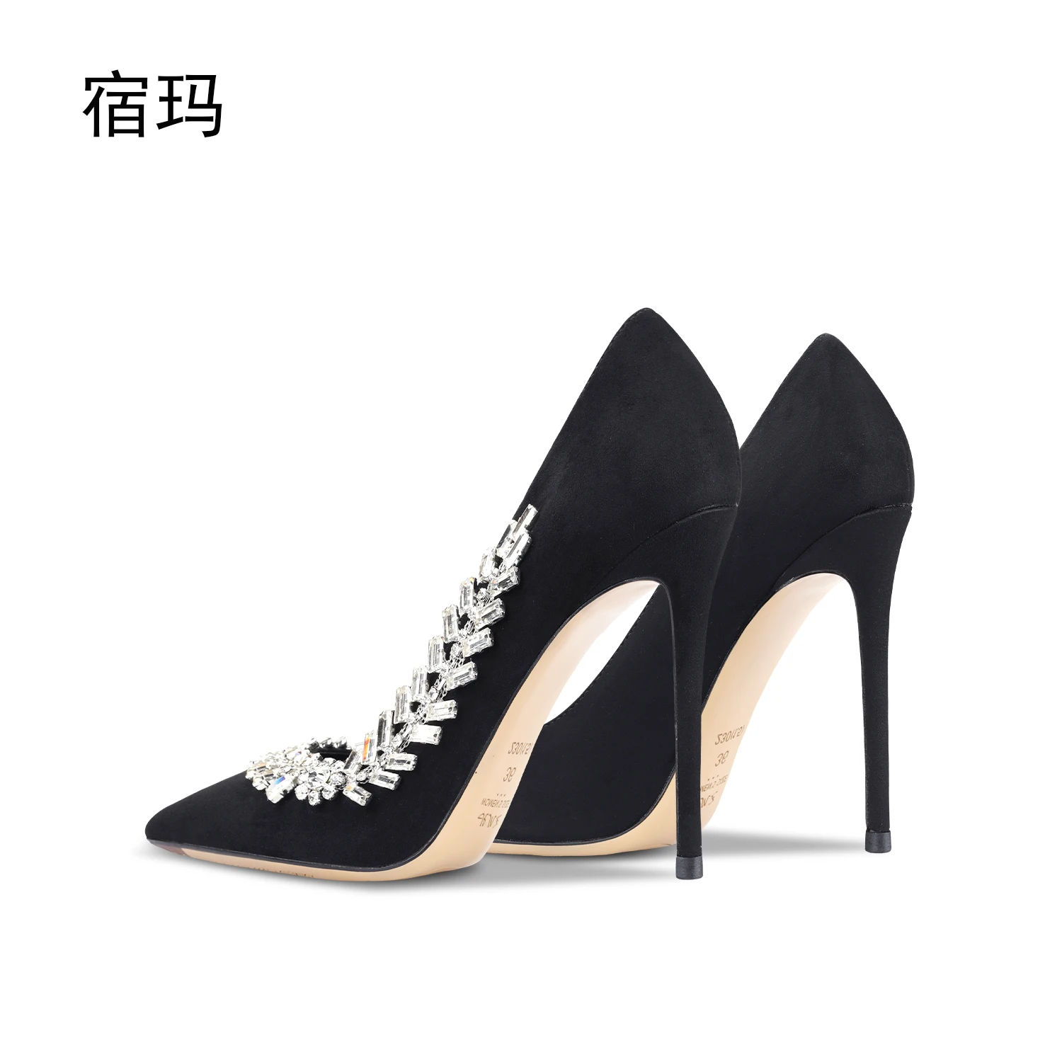 2023 New Suede Black Crystal Women Pumps Pointed Toe Rhinestone High Heels Fashion Stiletto Luxury Party Women Heels Shoes 10CM