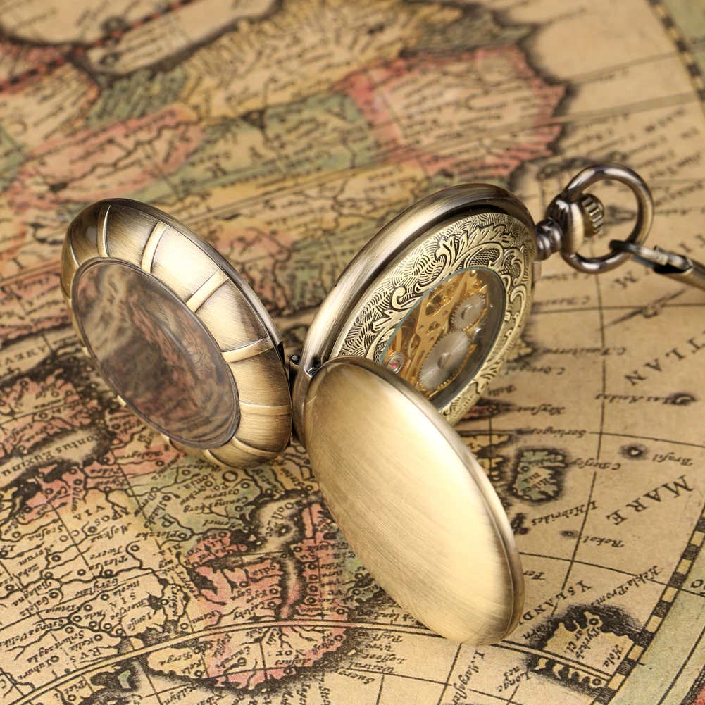 Transparent Glass Bronze Manual Mechanical Pocket Watch Vintage Pocket Chain Hand Winding Mechanism Timepiece Double Cover