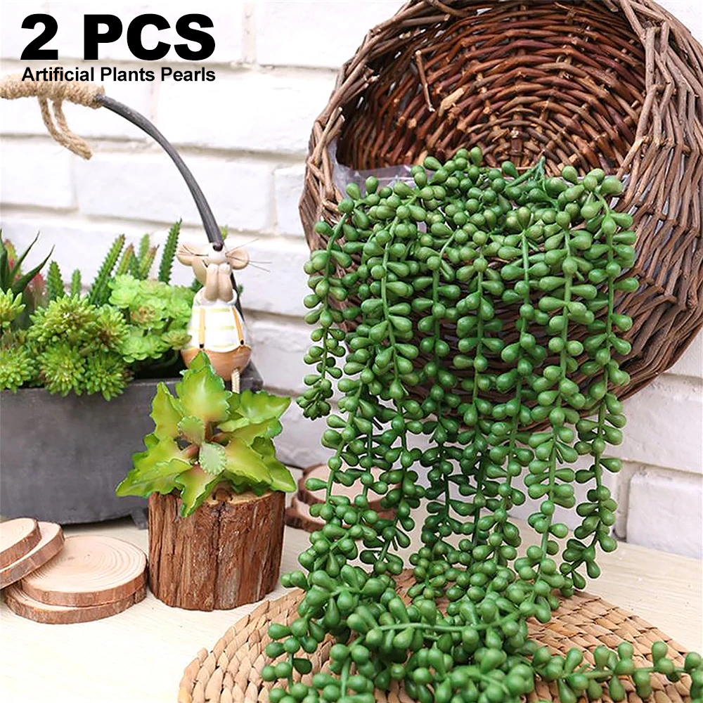 

2Pcs 13.4 Inch Artificial Succulents Hanging Plants Fake Pearls Plant String Reusable Fake Potted Plants Wall Decoration for