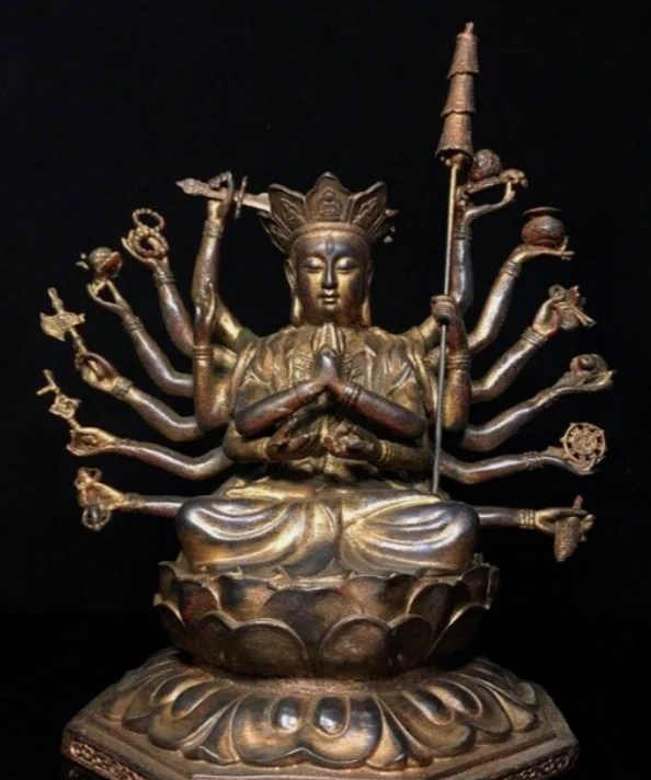 11-дюймовый старый китайский бронзовый буддизм 18 рук Маха Куди статуя матери