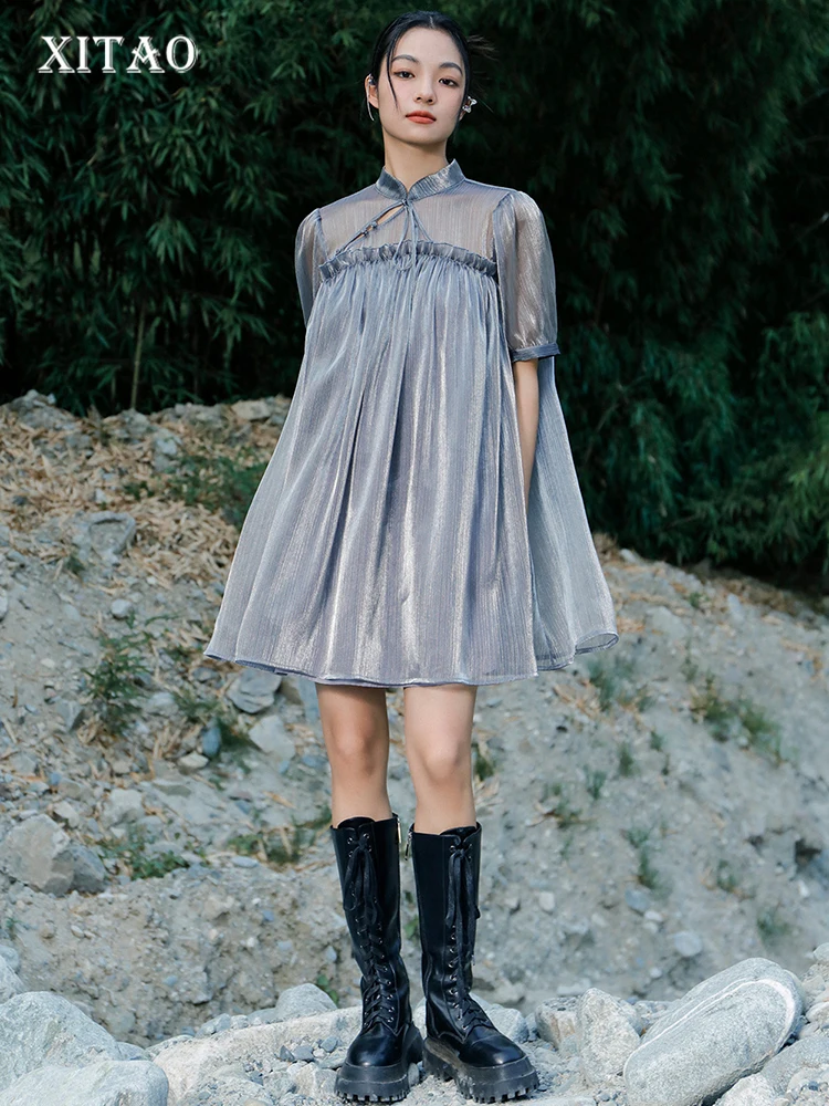 

XITAO Fashion Vintage Loose Mini Dress Solid Color Hollow Out Lacing Stand Collar Women Casual Folds Splicing Dress WLD8682