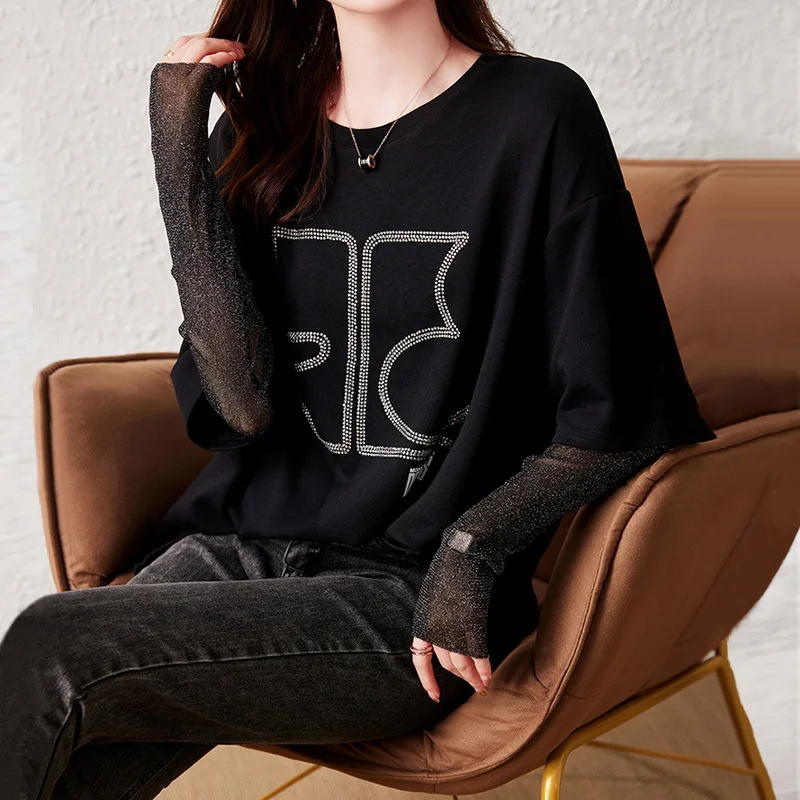 Осень 2023 новая модная сетчатая футболка из двух частей Hot Diamond женская с длинными