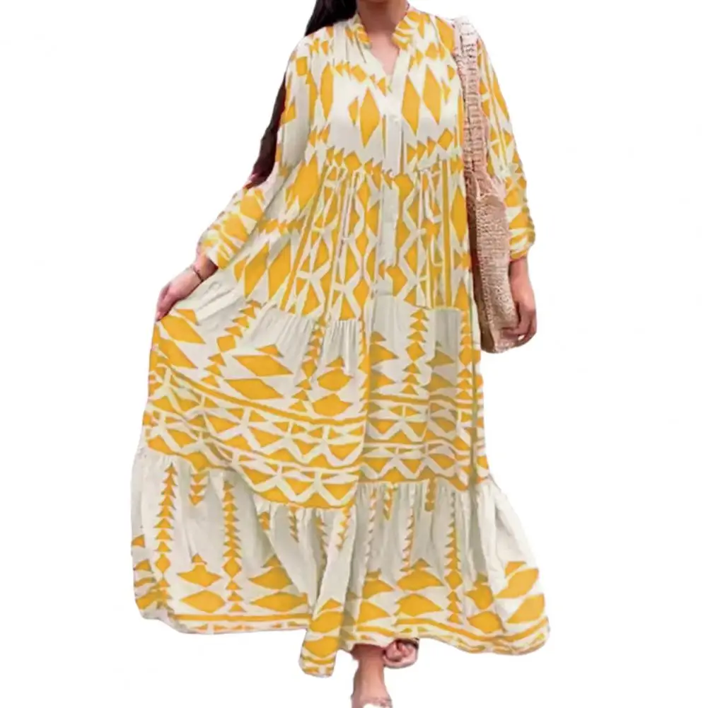 

Женское платье-макси контрастных цветов с геометрическим принтом, лоскутное платье-трапеция с воротником-стойкой и длиной до щиколотки, осень/весна