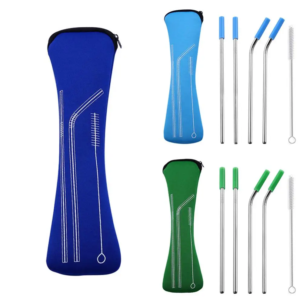 

4Pcs Metal Straw Set Kit Reusable Silicone Tips Cover Stainless Steel Straight Bent Drinking Straws Bar with Organizer Bag