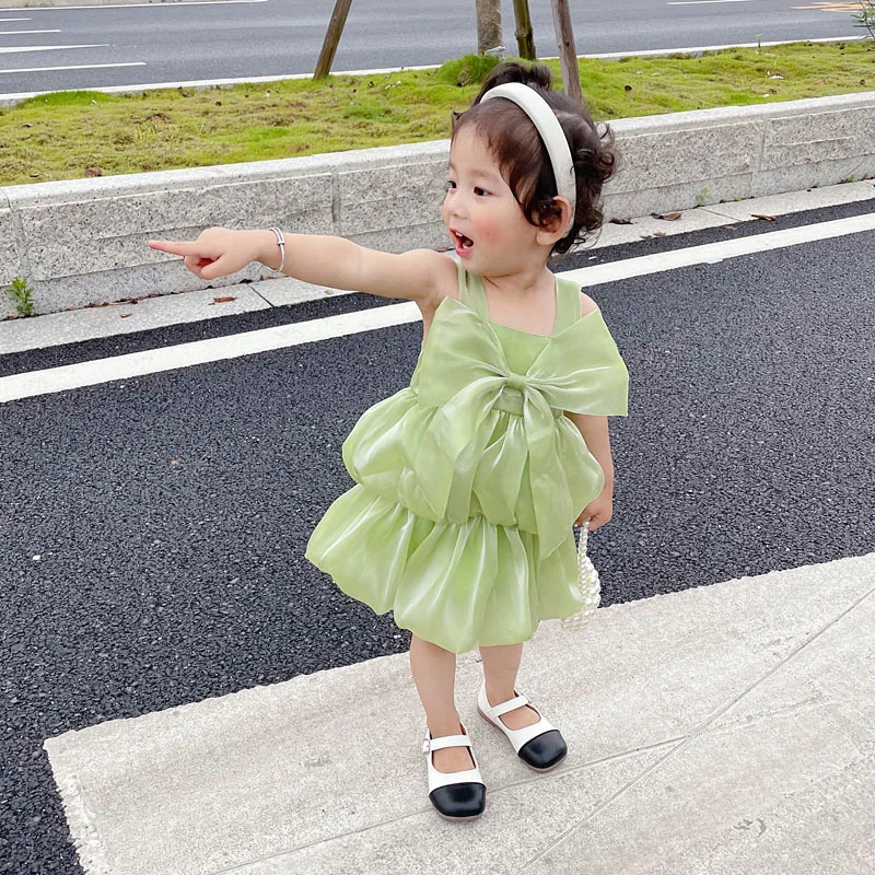 

Summer Girls Casual Dresses 2023 New Twilight Cloud Gauze Super Fairy Bow Sling Dress Baby Puffy Sweetheart Princess Dress