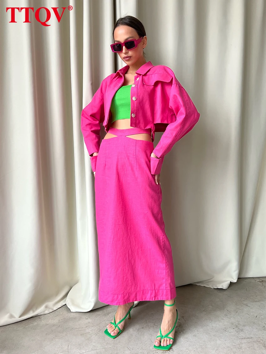 

TTQV Fashion Cotton Pink Two Piece Sets Womens Outifits Autumn Slim Long Sleeve Shirts With Hollow Out Pencil Skirts Sets Female