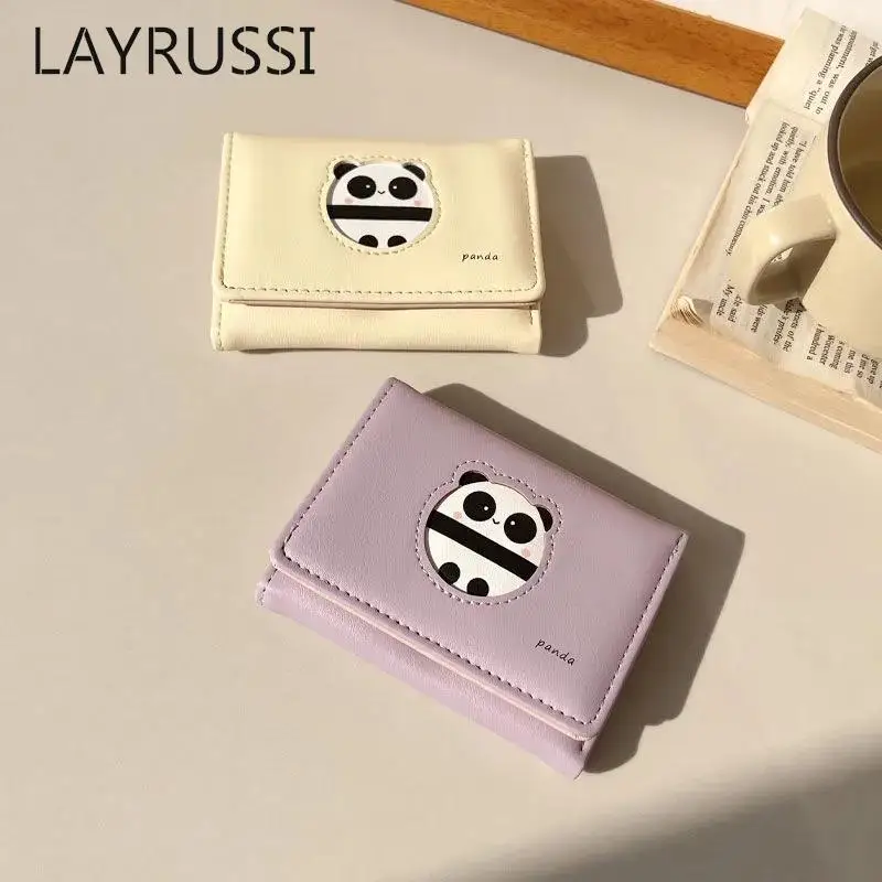

LAYRUSSI Leather Cute Animal Head Pattern Wallet Tri-fold Women's Card Wallet Mini Purses Smart Vera Pelle Wallet Ladies Purse