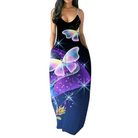 summer women 3d printing butterfly dress fashion casual sleeveless v neck beach spaghetti strap long dress oversized s 2xl