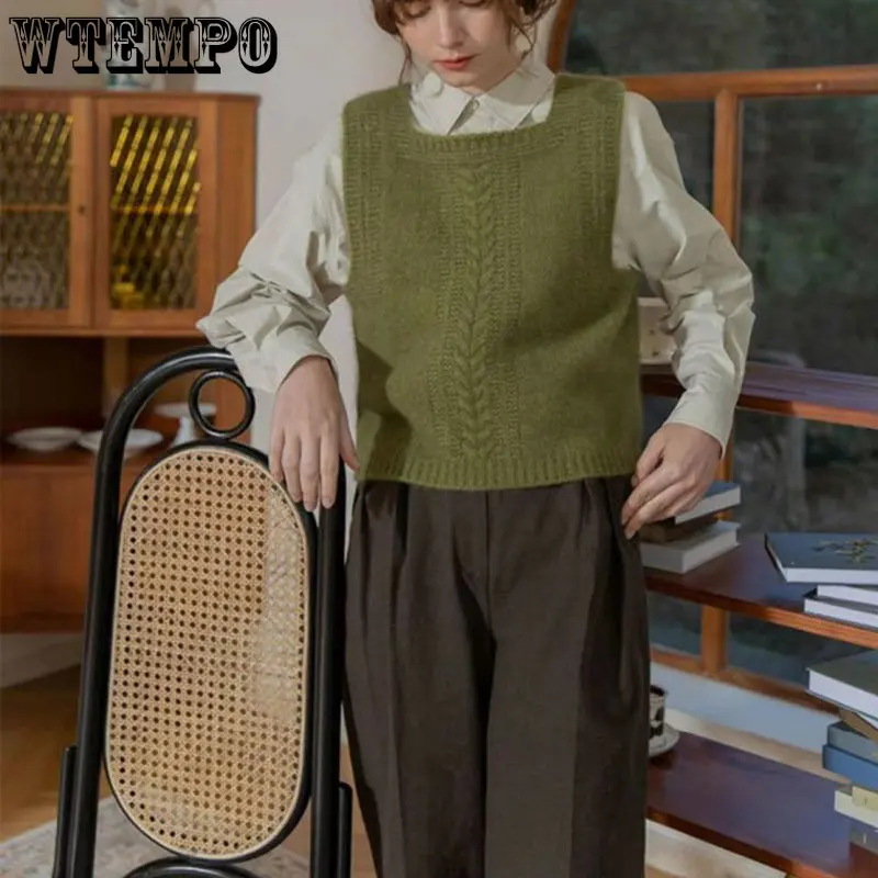 

WTEMPO Square Collar Sweater Vest Ladies French Vintage Twisted Knitted Vests Women Autumn Winter Casual Slim Pullovers Vests