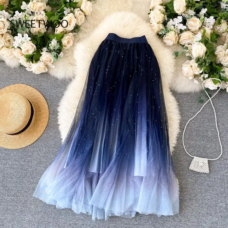 

2023 летняя Тюлевая юбка со звездами и блестками, длинная юбка с высокой талией, синяя вечерняя сексуальная юбка для вечеринки, женская юбка, сверкающая юбка