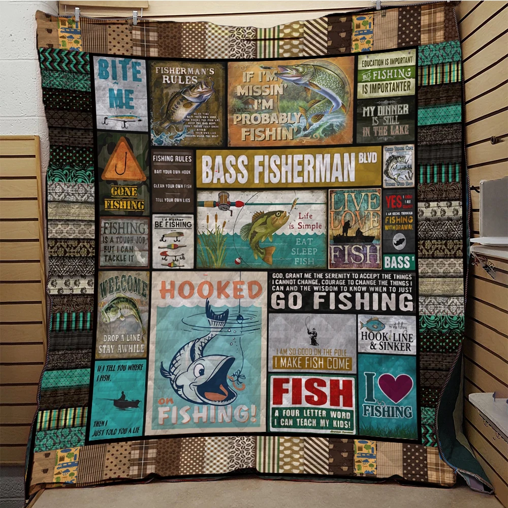 

Fishing Printed Quilted Quilt For Fishing Lover All Season Warm Reversible Thickened Quilt Blanket Comforter for Couch Bed