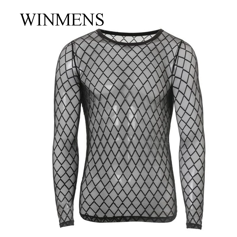 Мужские прозрачные майки с длинными рукавами дышащее сетчатое нижнее белье в