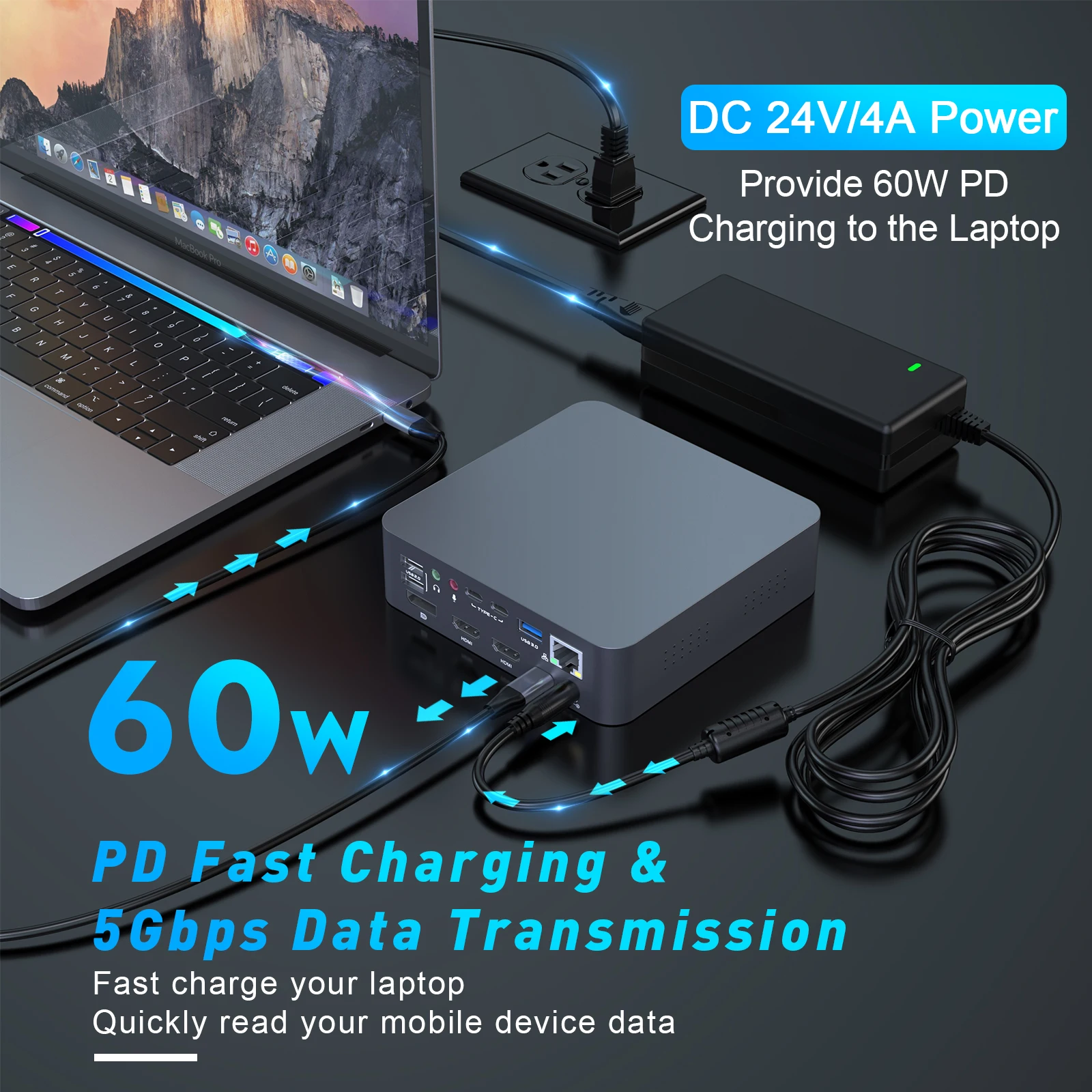 

4K Laptop Docking Station Dual Monitor for M1 MacBook Pro/Air USB-C 18in1 with 60W Power Supply HDMI VGA RJ 45 SD TF