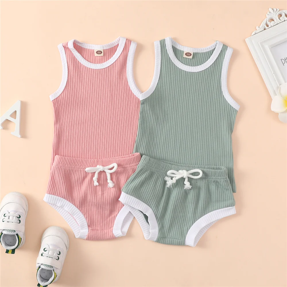 

Комплект одежды для маленьких мальчиков и девочек, однотонный трикотажный топ без рукавов и шорты в рубчик, спортивные костюмы, 0-36 месяцев, 2...