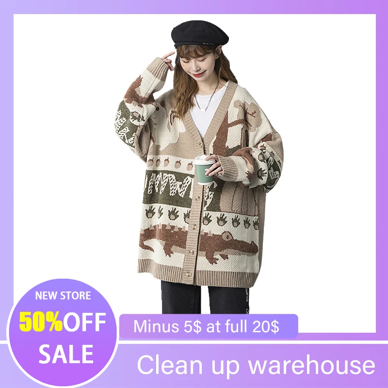 

Harajuku Vintage Cardigan Sweater Women Grass Rabbit Knitted Streetwear Loose Autumn College Style Jacket Knitwear Cartoon Tops
