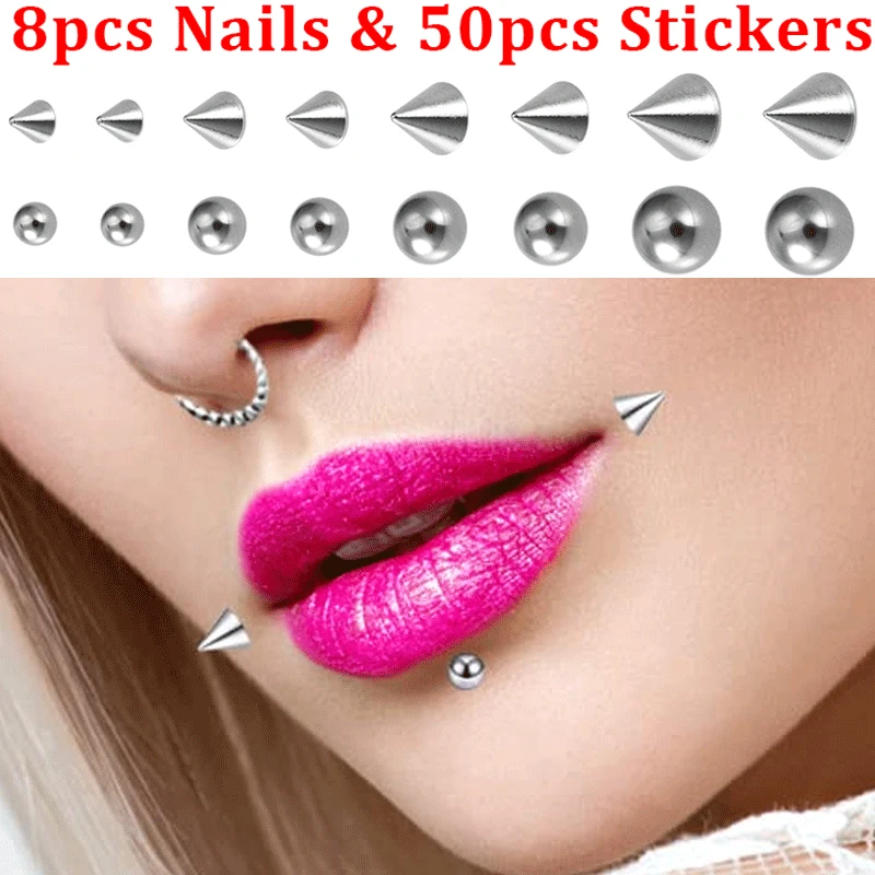 

8pcs Fake Lip Nails & 50pcs Stickers Eyebrow Ear Stud Non Piercing Earring Studs Teens Hip hop Fake Nose Ring Body Jewelry