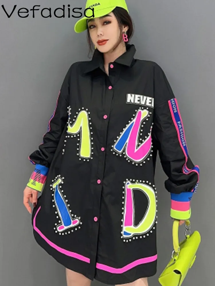 

Vefadisa 2023 Spring Autumn Fashion Letter Printgted Color Contrast Shirt Temperament Casual Polo Collar Women Blouse LWL177