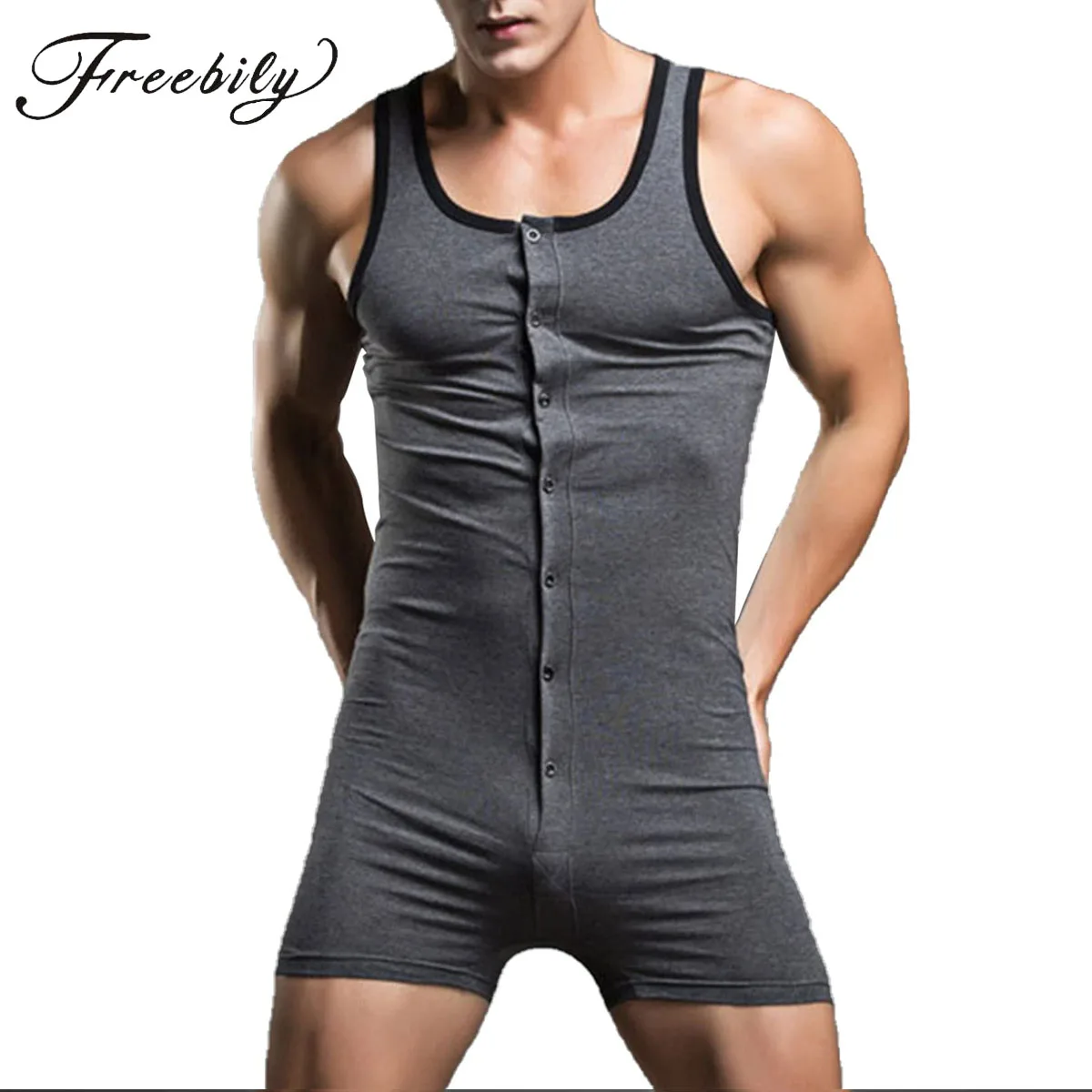 Man Sleeveless Bodysuit Sleepwear Skinny One-piece  Button Closure Leotard Jumpsuit Underwear