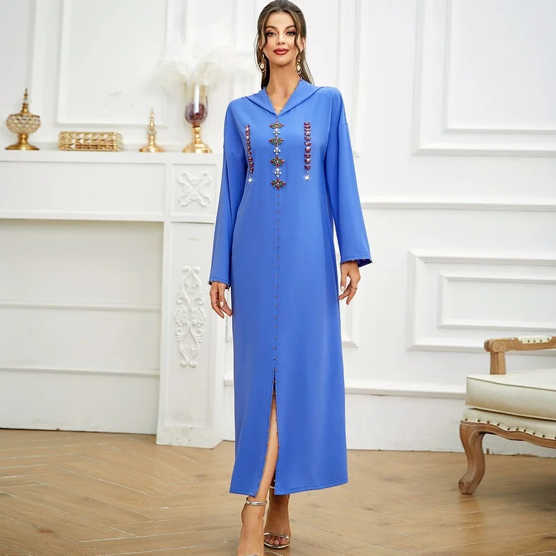 Hooded Rhinestones Beaded Slit Caftan Marocain Robe Dubai 2022 Sweet Women's Dresses for Party Loose Gulf Abayas Purple