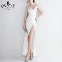 qsyye 2022 simple white wedding dresses stretch sexy open split bridal gown ruched plain bride dress sheath beach marriage gown