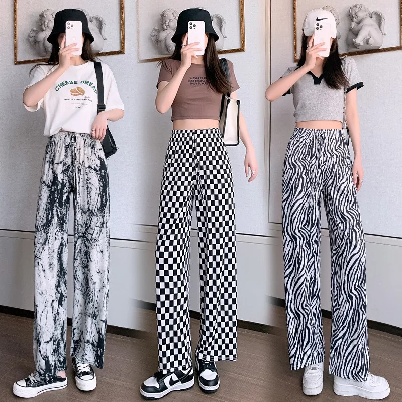 

2022 summer high waist drooping ice silk wide-leg pants tie-dyed ink painting slimming fried street loose commuter casual pants