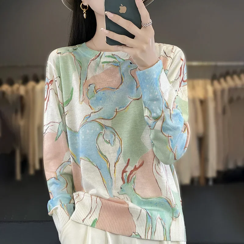 Весна 2024 новый свитер с круглым вырезом из тутового шелка росписью тушью для