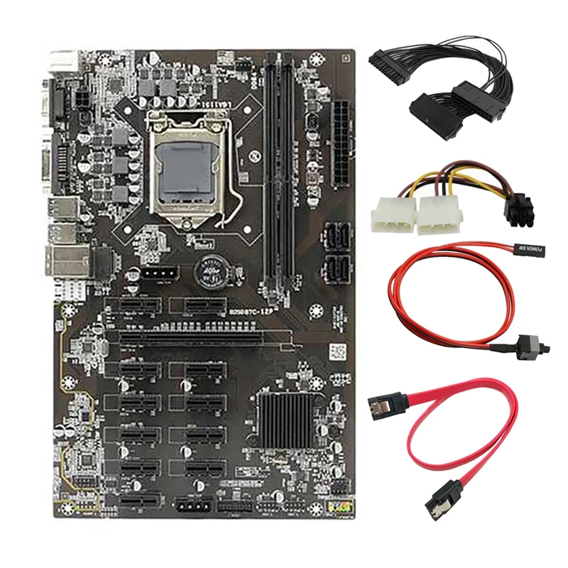 

NEW-B250B BTC Mining Motherboard with Graphics Power Cable+24Pin Power Cable+Switch Cable 12 PCI-E Slot LGA1151 DDR4 RAM