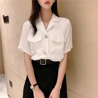 2022 spring summer plus size loose suit shirt turn down collar short sleeve blouse for female korean office lady causal clothing