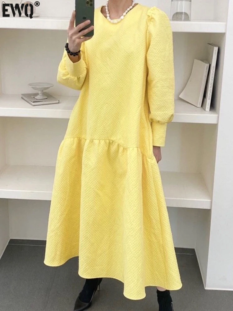 Женское длинное свободное платье [EWQ] корейское шикарное однотонное с круглым