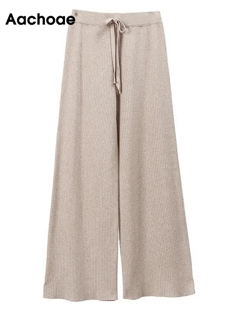 

Женские осенне-зимние трикотажные брюки Aachoae с широкими штанинами, однотонные повседневные свободные длинные брюки с эластичным поясом и шнуровкой
