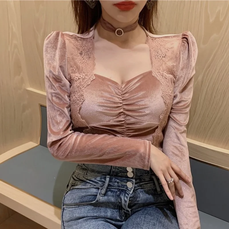 

2021 Korean Blouses Womens Sexy Tops Blouse Spring Vintage Blusas Mujer Lace Velour Square Collar Shirts