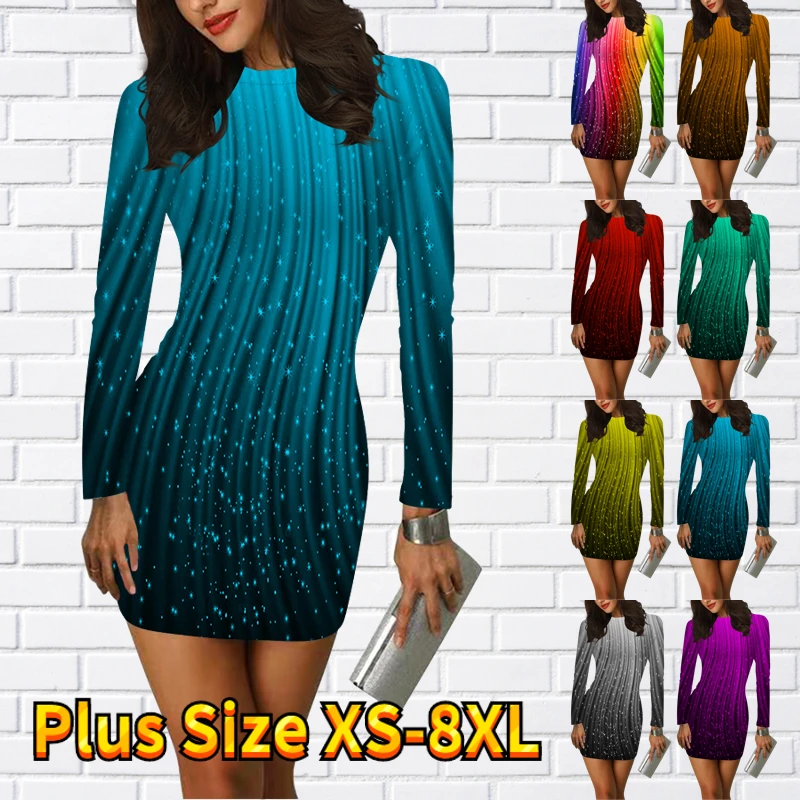 

2022 Autumn Winter Simple Style Tight Skirt Fashion Dress Short Skirts Abstract Printing Long Sleeve Skirt Round Neck Slim Skirt