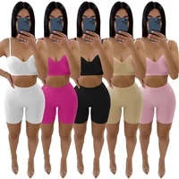 solid casual two piece set for women tracksuits 2022 summer spaghetti straps crop top biker shorts fitness jogging suits