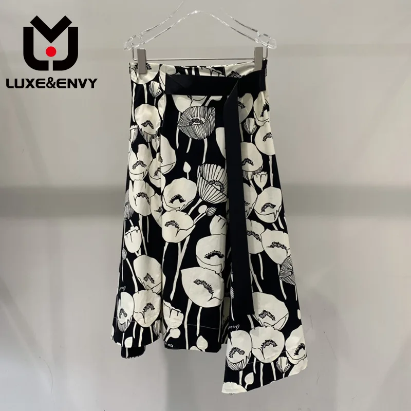 

LUXE&ENVY Korean Edition High Waist Printed Large Swing Skirt Temperament 2023 Summer New Women's