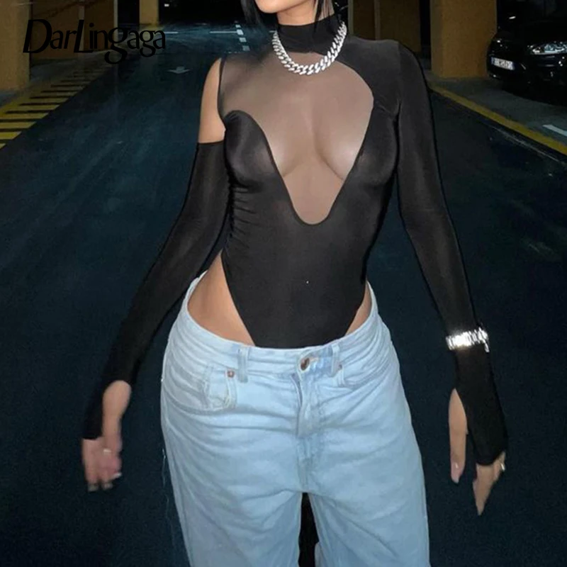 

Darlingaga Fashion Party Sexy Bodysuit Black Skinny Mesh Patchwork Transparent One Piece Bodies Catsuit Club Turtleneck Rompers
