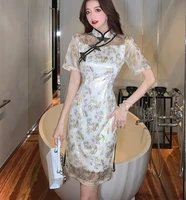 summer new 2022 dress mesh stitching retro stand collar bag hip fashion temperament slit mid length cheongsam skirt