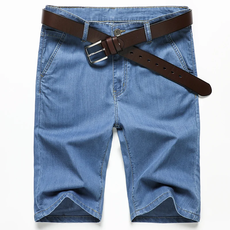 

Thin Ice Silk Denim Shorts Men Summer New Solid Color Straight Casual Business Stretch Jeans Shorts Male Brand Clothing
