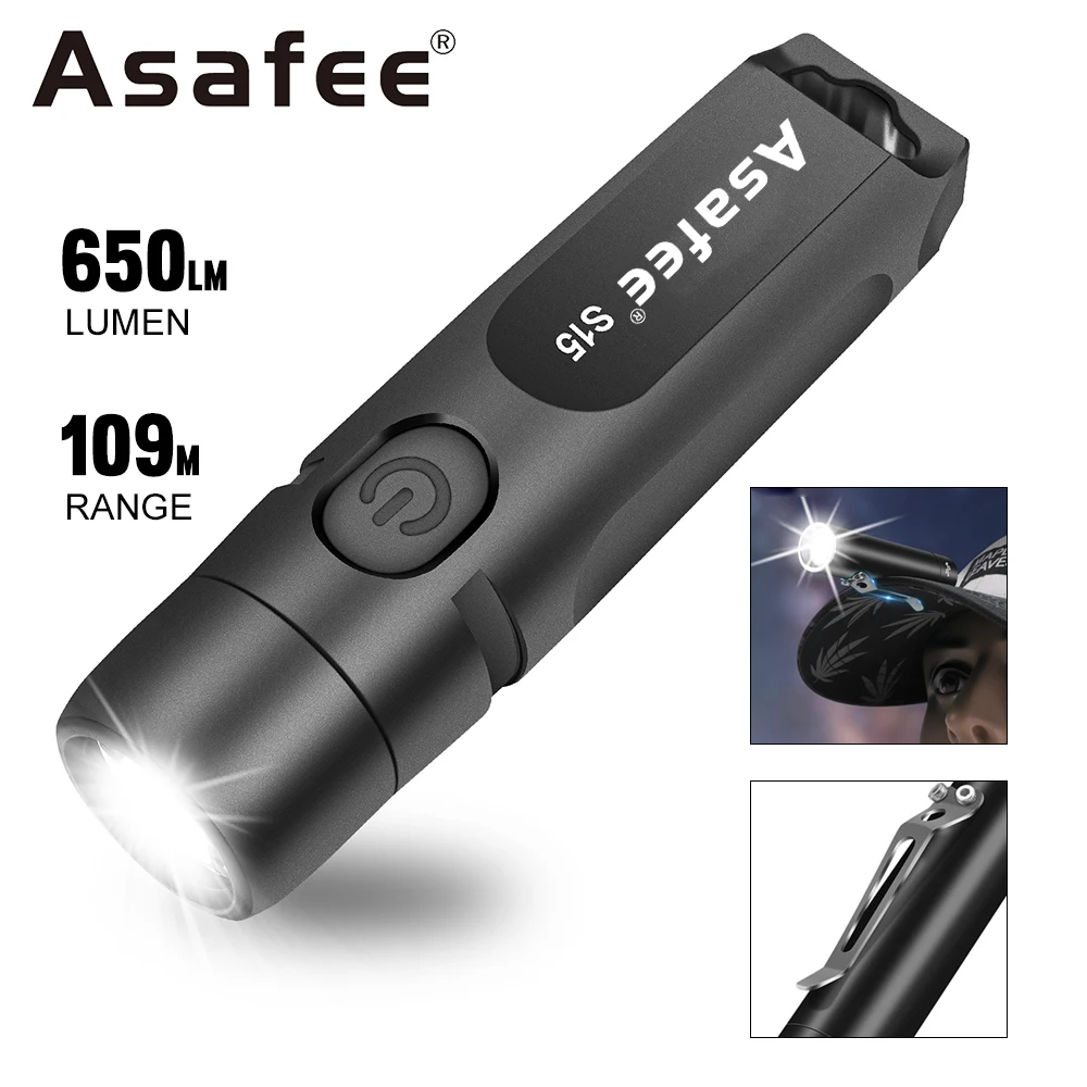 Asafee S15 Mini LED Flashlight High Power Light EDC Cap Keychain Type-C Rechargeable Aluminum Finger Ring Camping Hunting Torch