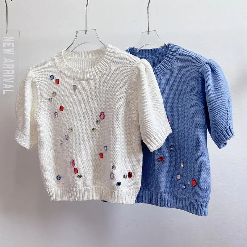 

2023 Autumn New Contrast Diamond Cute Beading O-Neck Blue White Bubble Sleeve Pullover Short Sleeve Sweaters Sweet Fashion