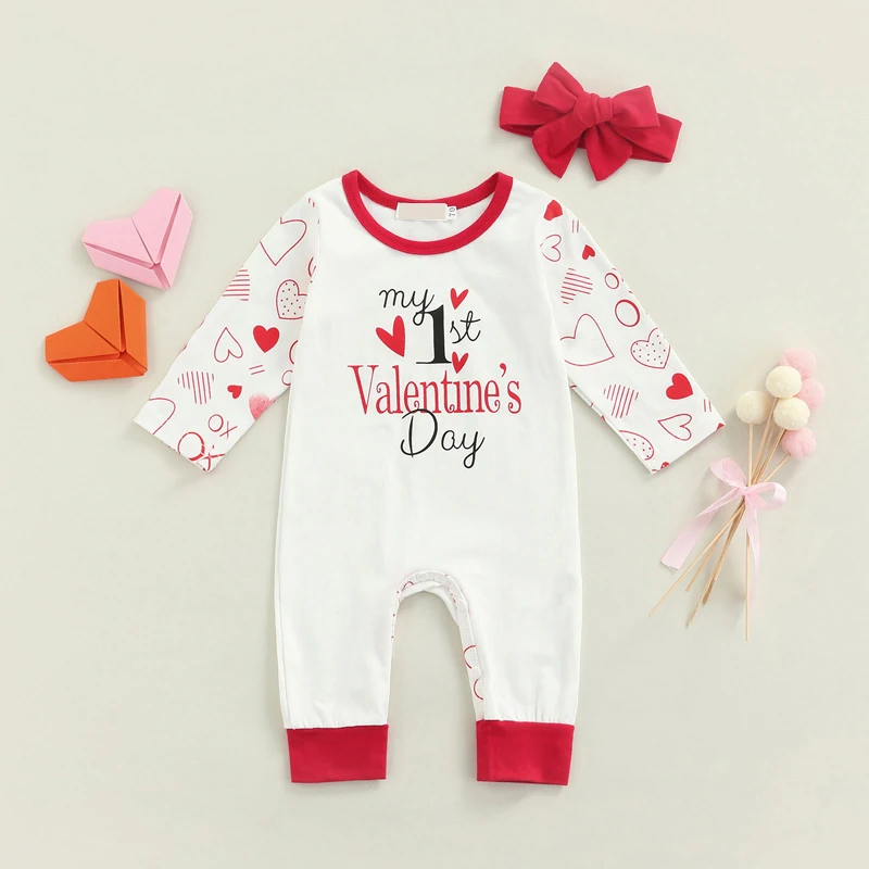 

Комбинезон Pudcoco эластичный с надписью на День святого Валентина, комплект из двух предметов для новорожденных 0-24 м, с длинным рукавом, обруч ...