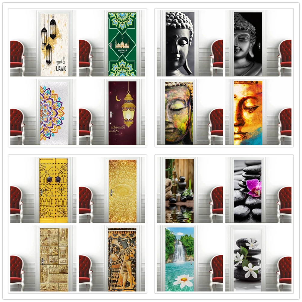 

Buddha PVC Self-adhesive Door Sticker Yoga Room Meditation Mural Wallpaper Waterproof Living Room Bedroom Stickers Home Decor