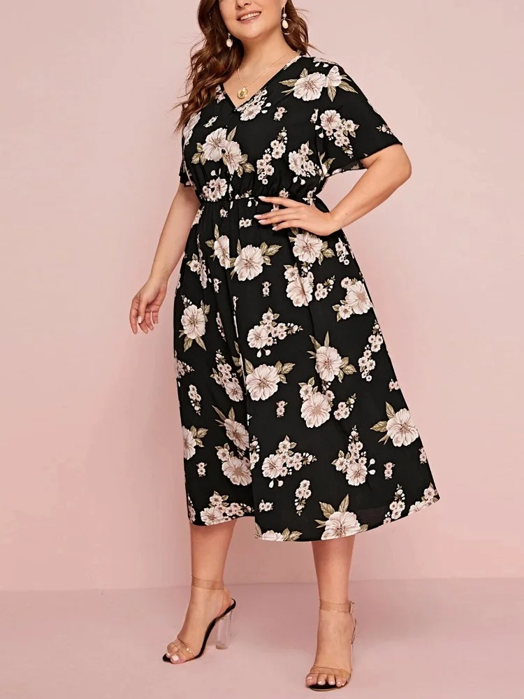 Women's floral print V-neck short-sleeved dress with waist cinched waist loose split midi chiffon plus size dress