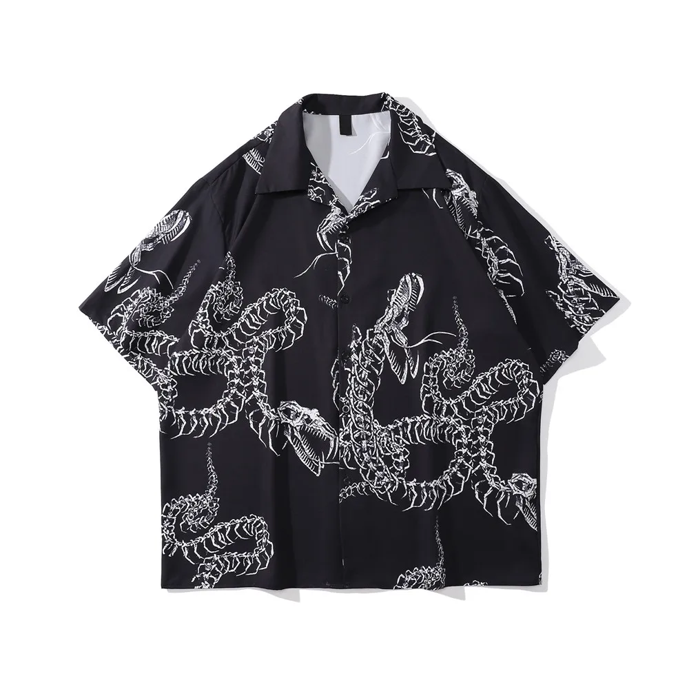 Summer men's beach casual shirt, black dragon skeleton men's shirt, thin material breathable, fashion Chinese style
